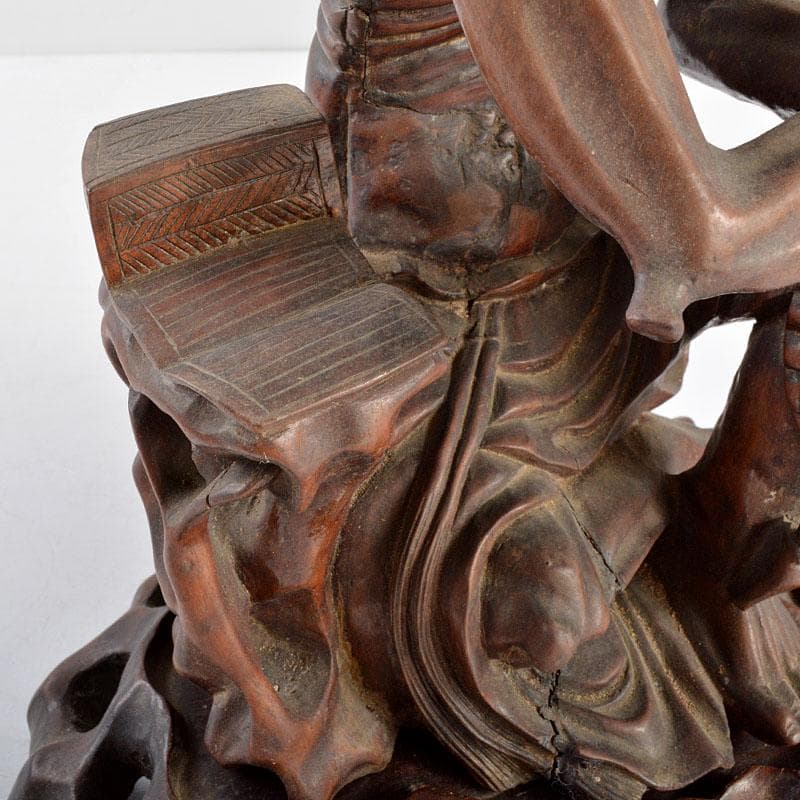 中国　唐木黄楊木 彫刻　達磨像　人物像　置物　台付　H　R4819