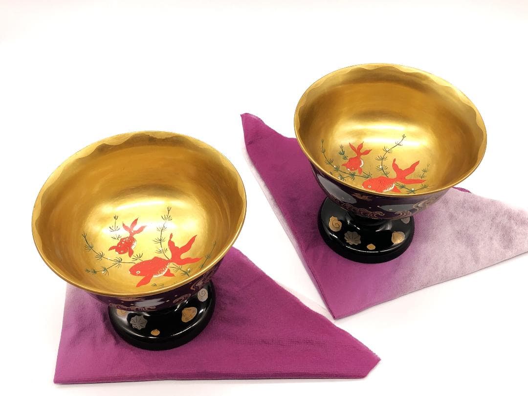 【 里帰り杯洗 】　金魚図　２客対　明治漆器