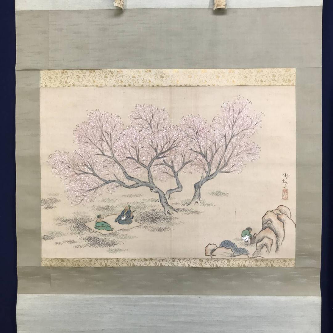 作者不詳/桃陰遊楽図/桃花人物/桜花山水/山水図/横物/掛軸名家伝来AH-561