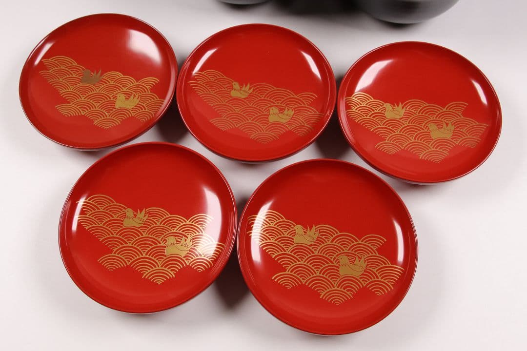 CK82 塗師 辻石斎 盃蓋吸物椀 四客 朱塗 黒塗 波に鳥 金蒔絵 木製漆器