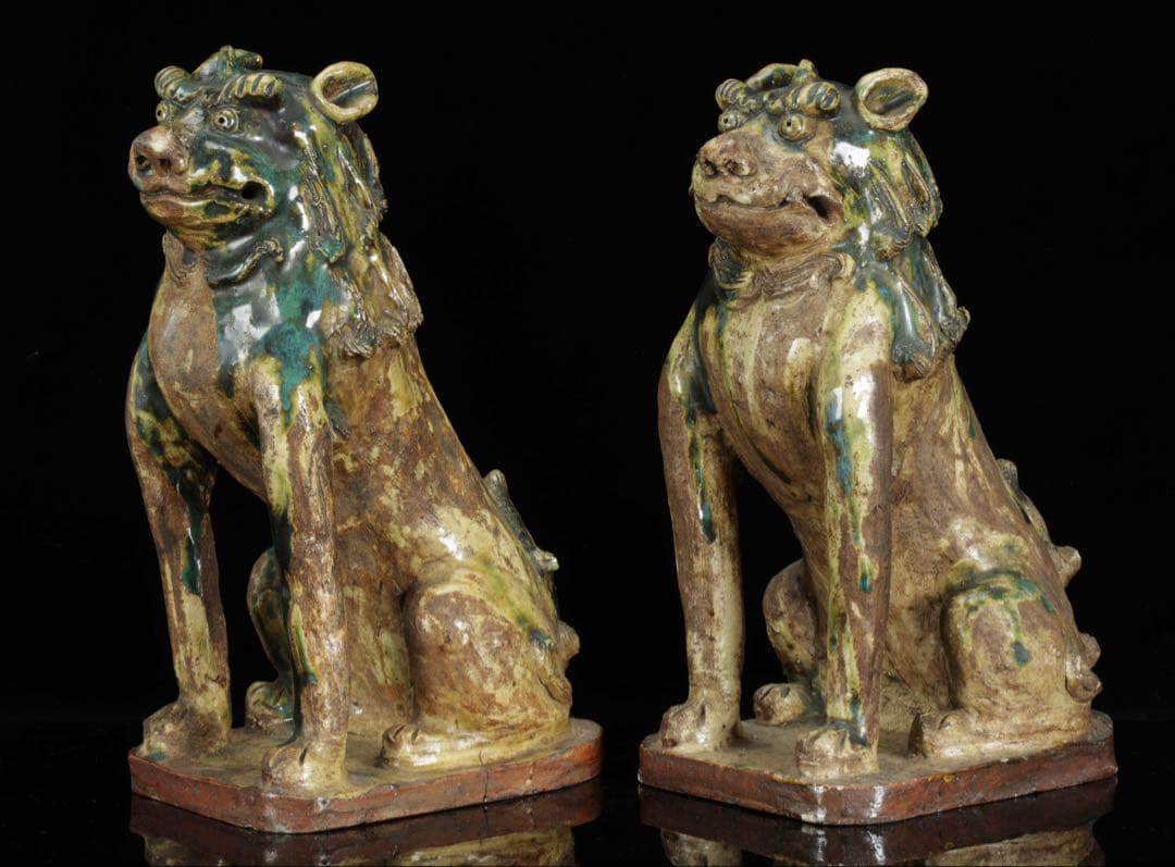 K*M様 江戸期名陶 【加藤春岱】 瀬戸焼 特大狛犬 阿吽 一対 桐箱 獅子 古