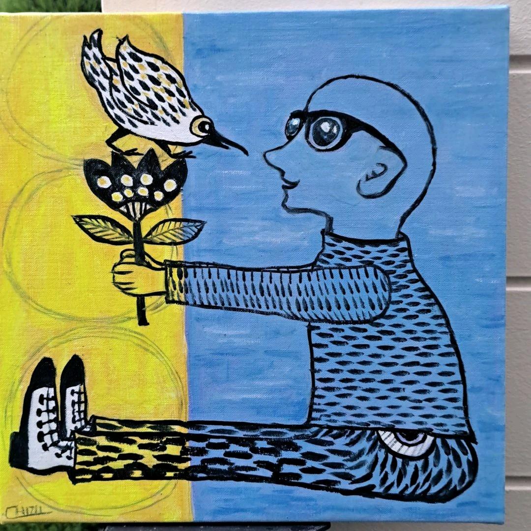 キャンバス油絵　専用　鳥とお花とおじさんと