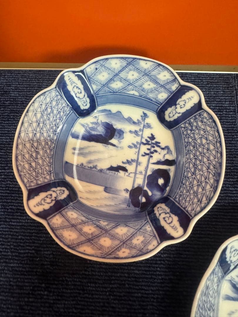 1858  古伊万里　染付山水　大明成化年製銘　皿　5客　未使用