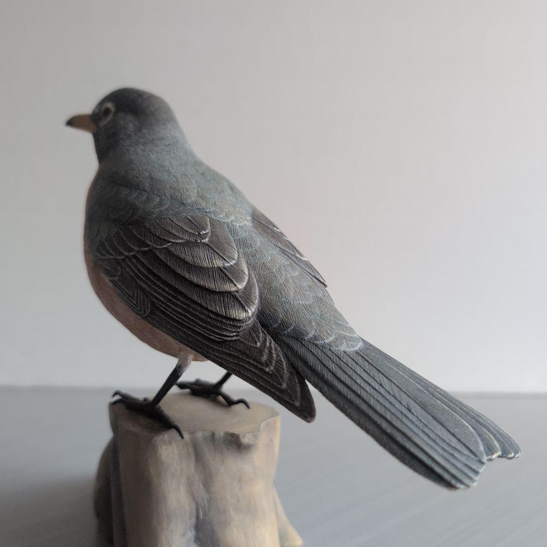 リアル木彫り　コマツグミ(アメリカン　ロビン) 野鳥彫刻 バードカービング