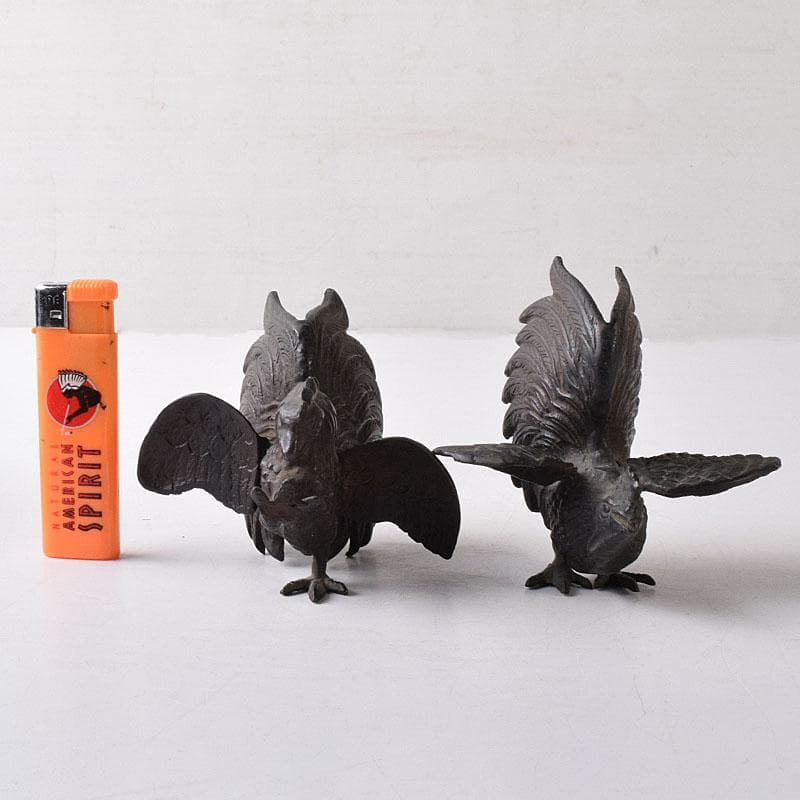 中国　古銅　鳥　置物　一對　C　7581