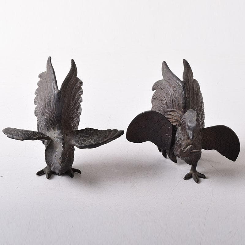 中国　古銅　鳥　置物　一對　C　7581