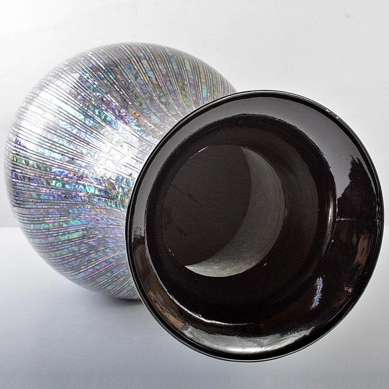 朝鮮美術　黒漆　螺鈿細工　縞紋様瓶　高さ約55.5cm　唐木台　F　R5826B