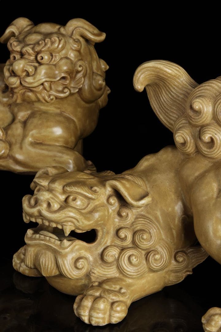 で*い様 九谷焼 玉獅子 双獅子置物 一対 共箱付 24cm 唐獅子 狛犬 古美