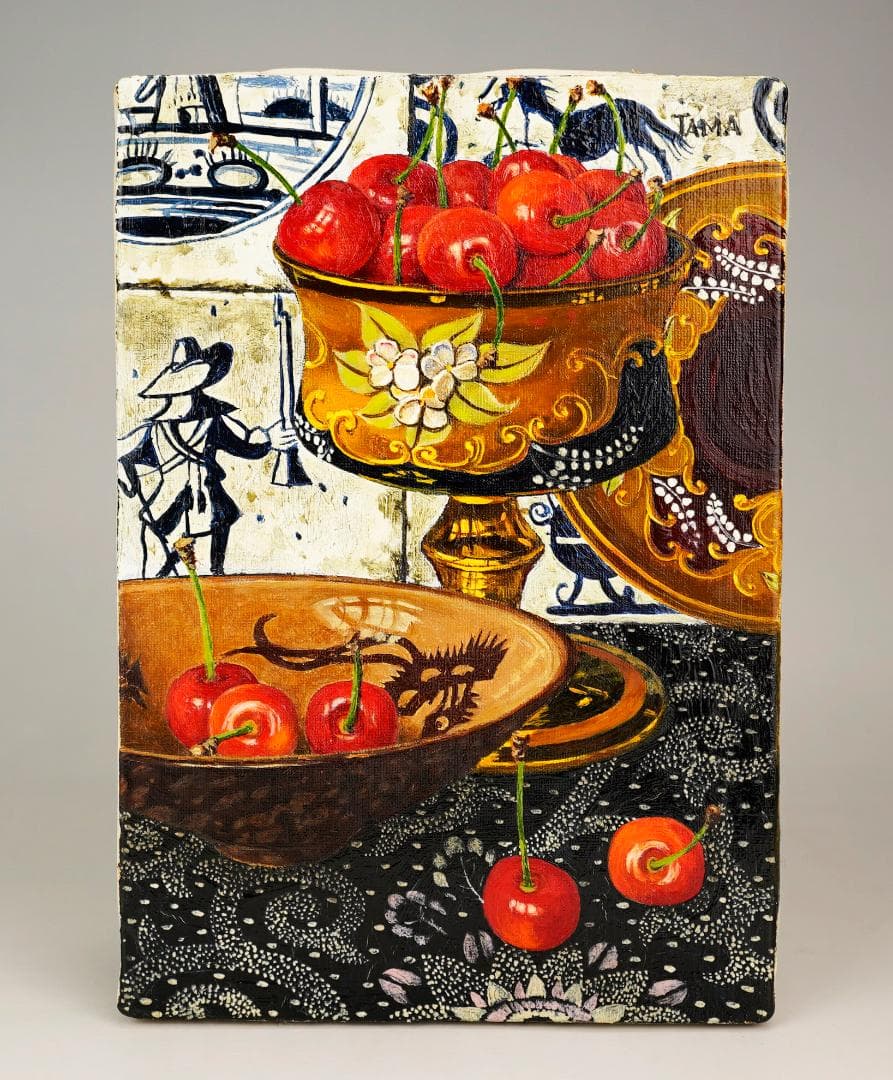 玉之内満雄　1994年作　「デルフトタイルの前のさくらんぼ」　油絵　真作保証