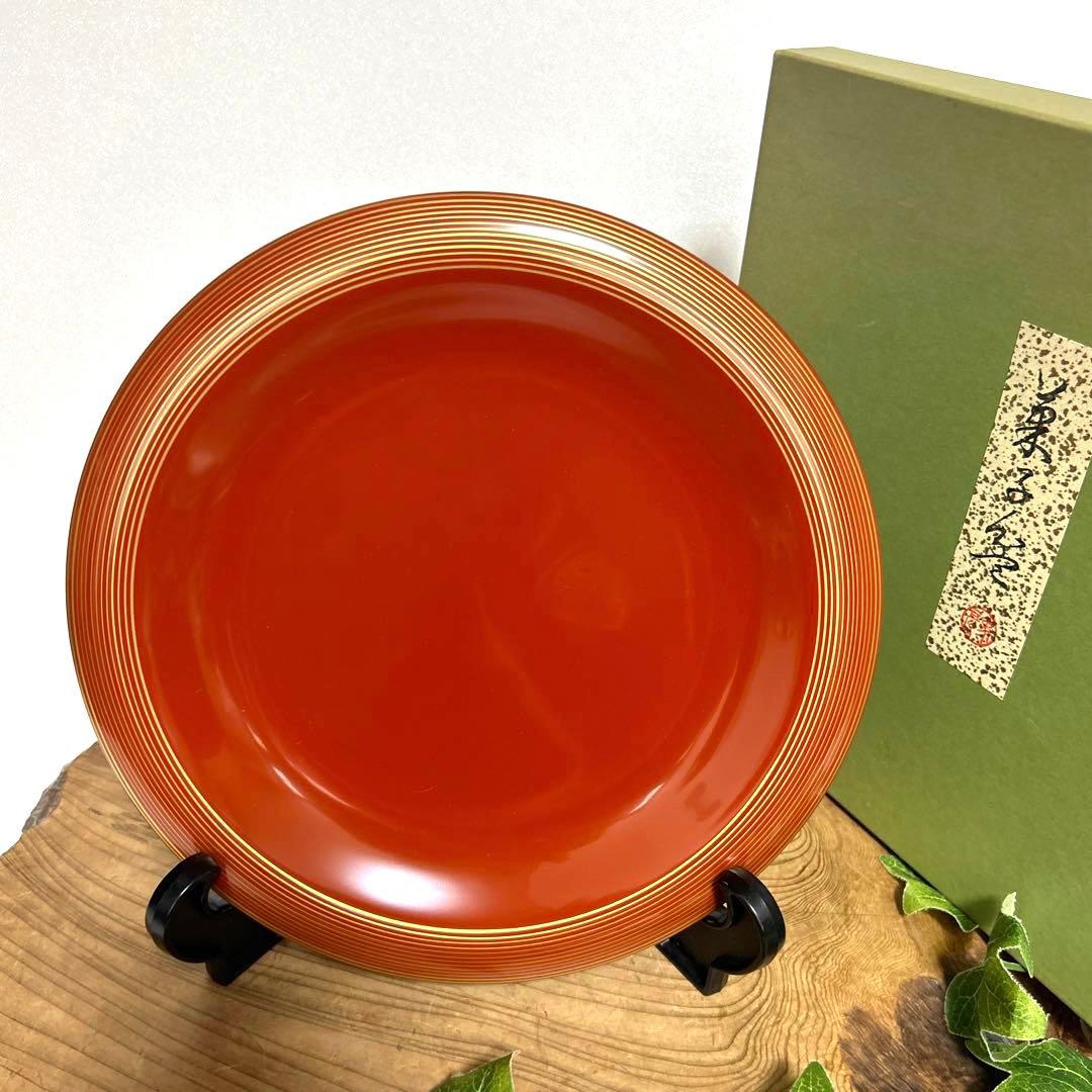 新品　京都老舗漆器　平安象彦　天然木塗　朱塗　金線菓子盆　金線茶托5枚　和モダン