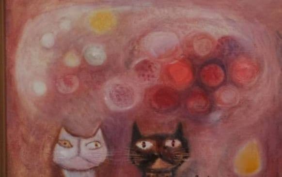 浜田裕子　油彩画 人物と猫の作品