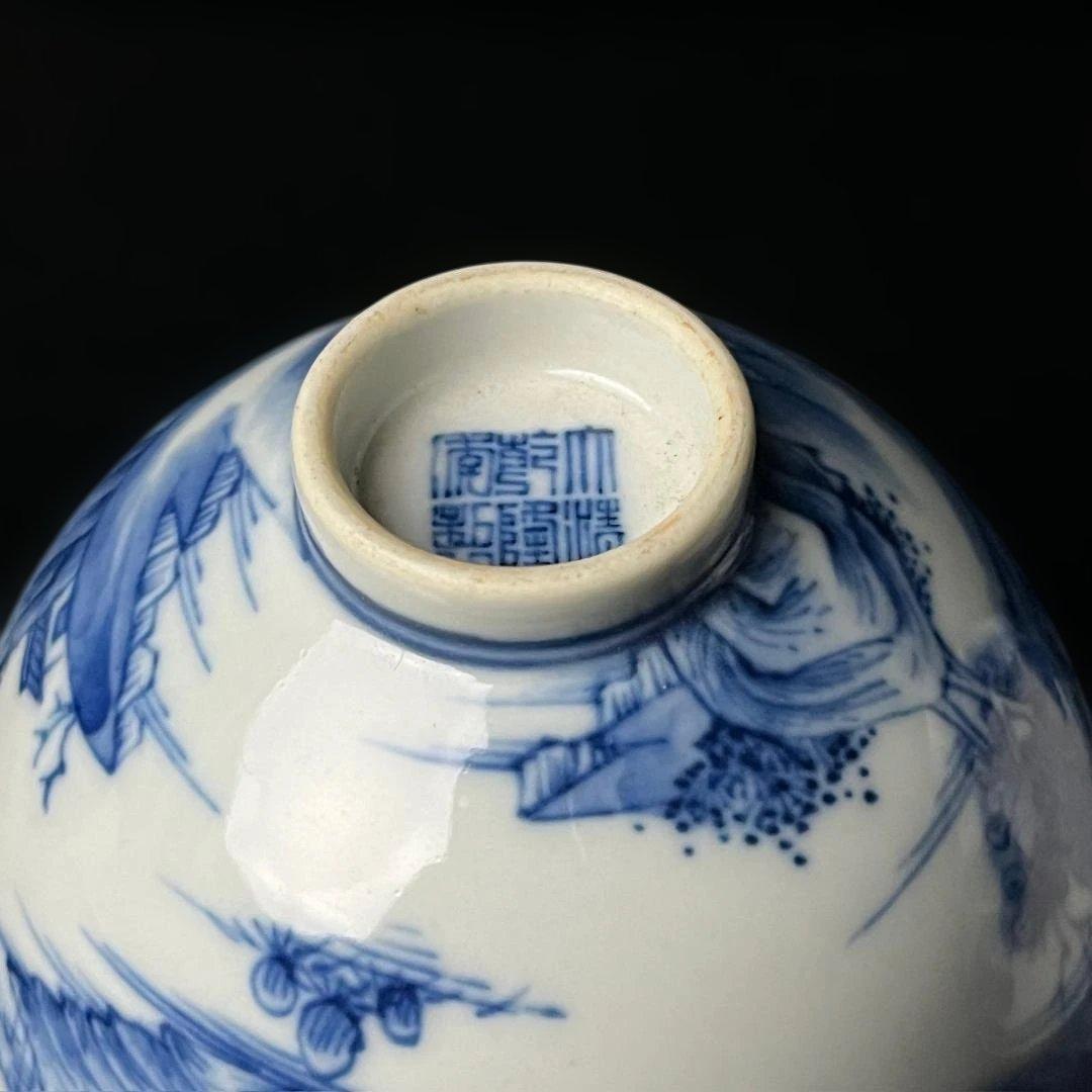 唐物 青花楼閣山水人物紋碗 一対 大清乾隆年製 款 煎茶碗 美術古玩 SH28