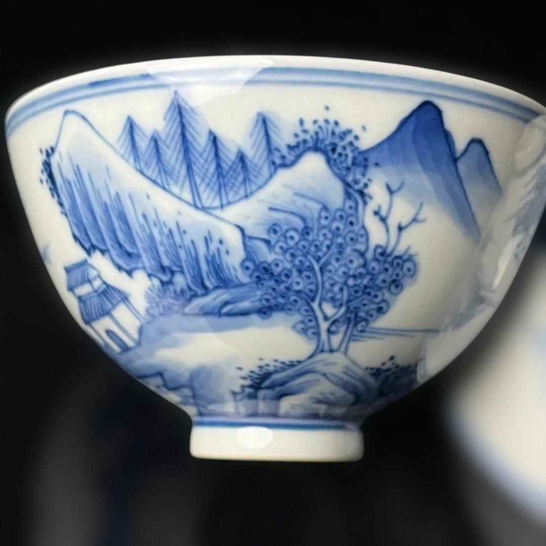 唐物 青花楼閣山水人物紋碗 一対 大清乾隆年製 款 煎茶碗 美術古玩 SH28
