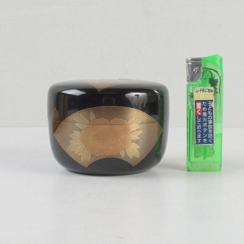 茶道具　高崎秋峰作　螺鈿装飾　扇面蒔絵　内銀溜　平棗　共布共箱　V　9695