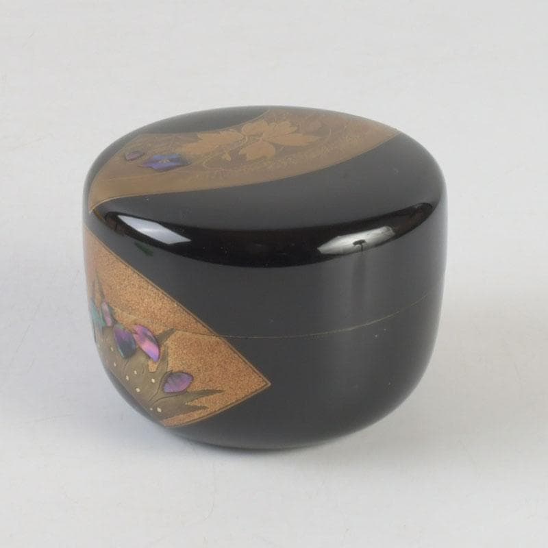 茶道具　高崎秋峰作　螺鈿装飾　扇面蒔絵　内銀溜　平棗　共布共箱　V　9695