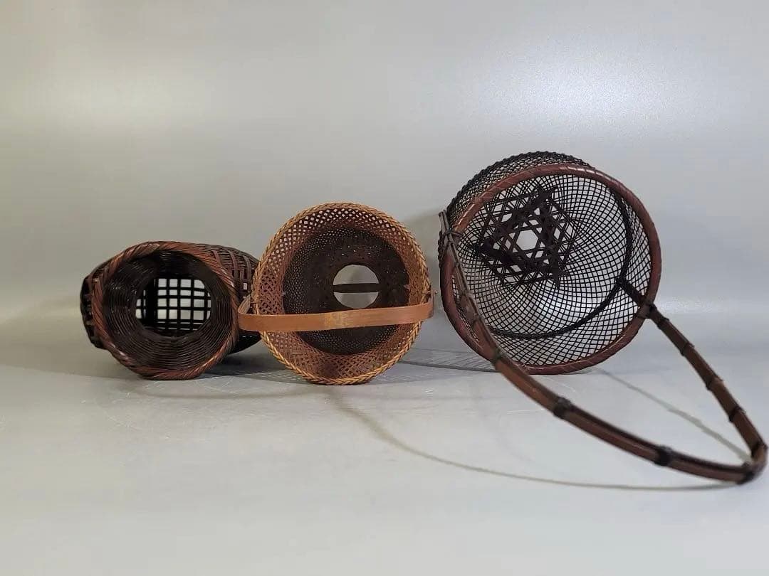 DT532 竹籠 花生 三件 在銘 作家物