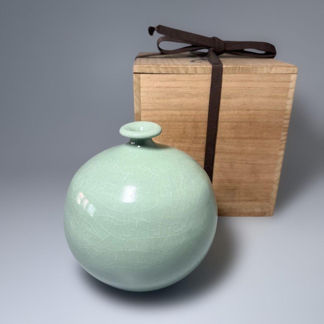 人間国宝　中島宏　本人作　青磁小壺　共箱　本物　翡翠色　究極の青　高16.3cm