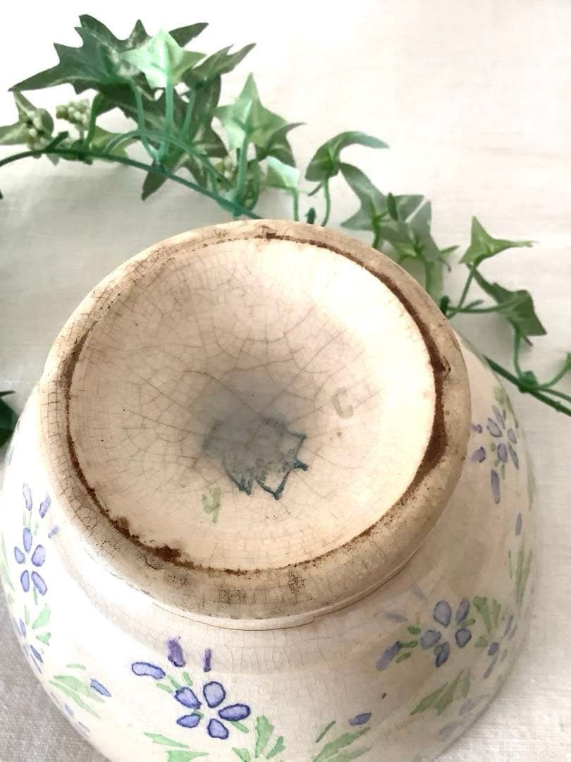 フランスアンティーク　クレイユモントロー　青い小花　カフェオレボウル