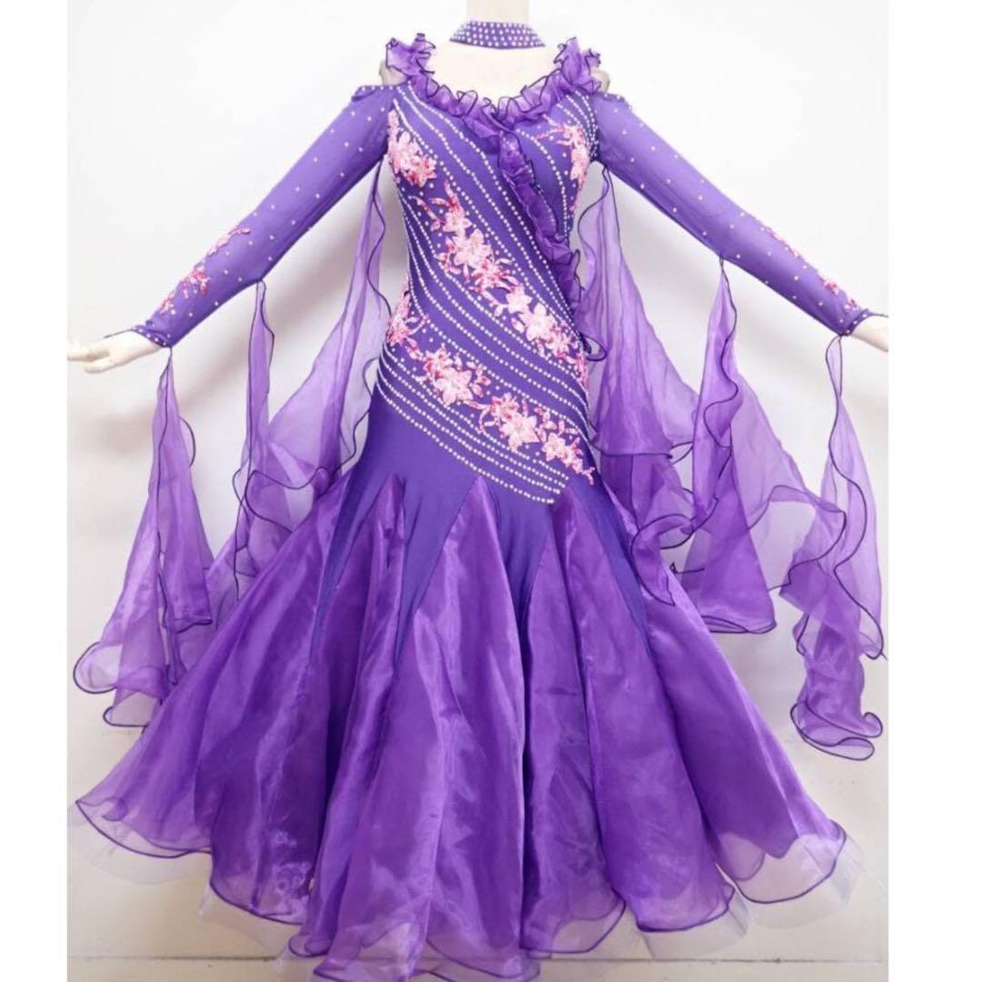 6359★美品★紫/ピンク花/刺繍/ワンピース/スタンダードドレス☆社交ダンス