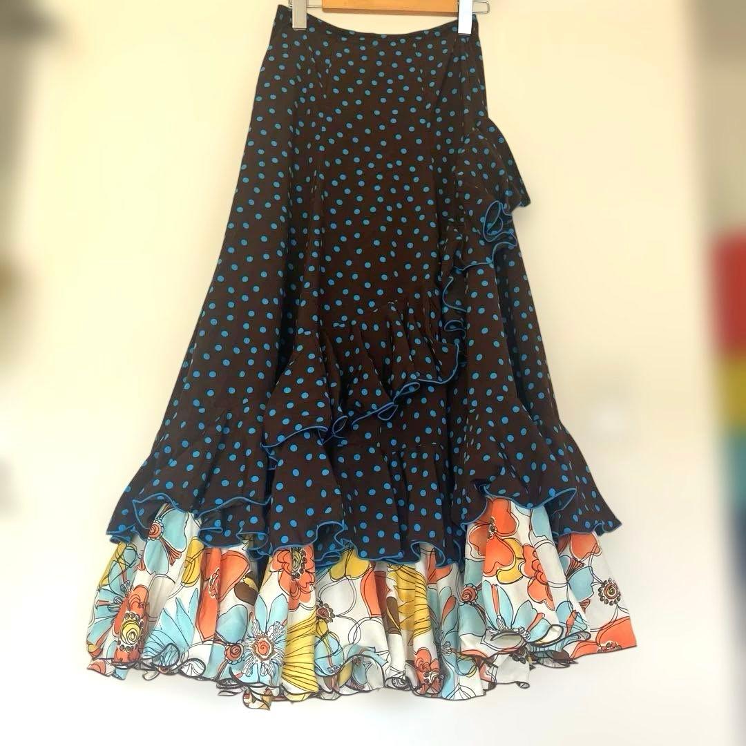 IBERIA.S.A フラメンコ HERMOSA⭐️フリル付き茶色水玉　花柄フレア