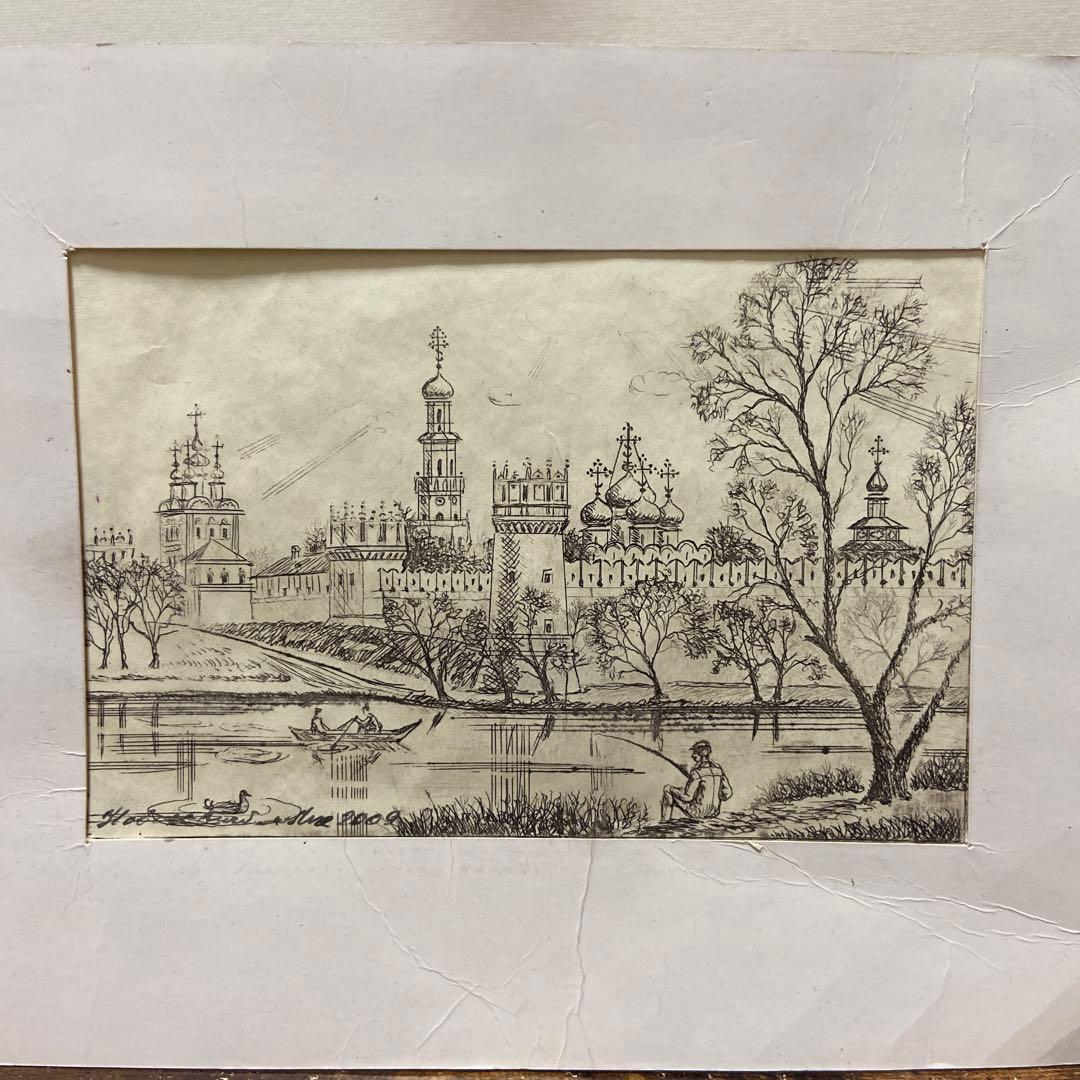 ロシア　スケッチ　教会　川辺