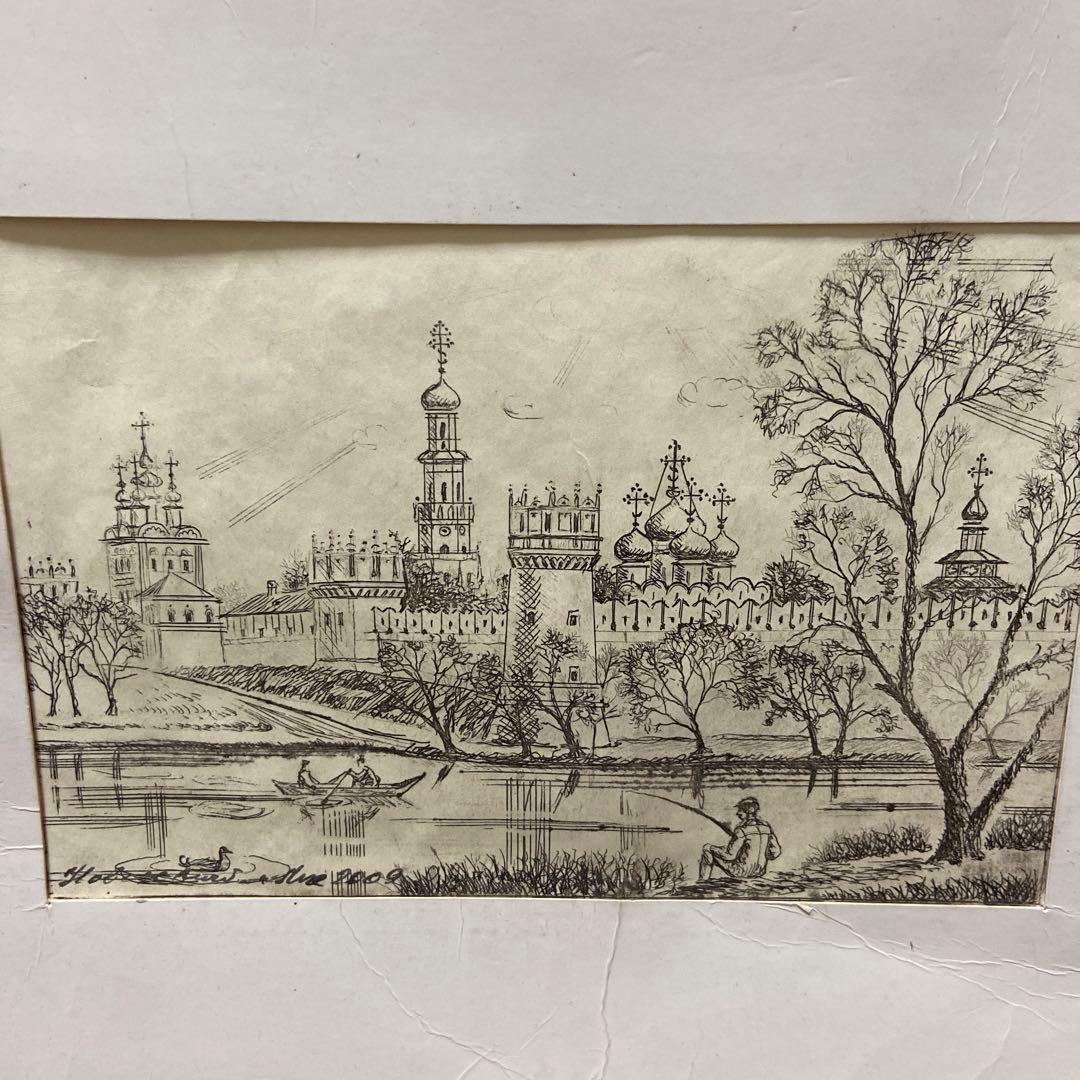 ロシア　スケッチ　教会　川辺