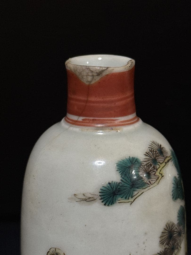 江戸期 湖東焼 彩色寿老人鶴図 徳利 酒器 天保年墨書