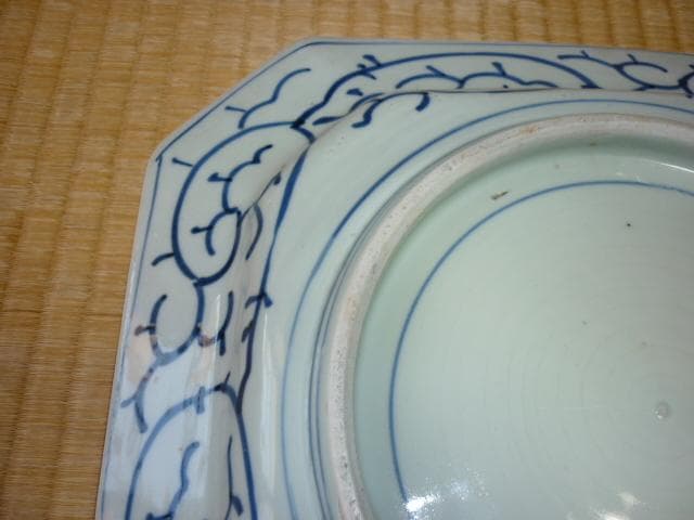 ◆美品 江戸後期！古伊万里 落款『三元』牡丹/雷文/花模様/唐草 八角染付角皿