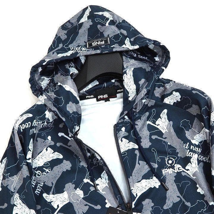 新品 ピン ゴルフ 総柄プリントフルジップ フーディー パーカー ネイビー L