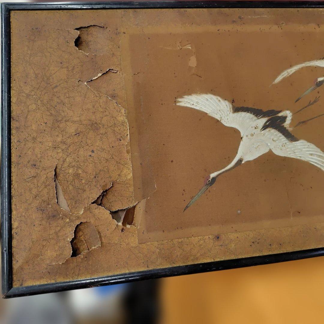 鶴の手描き絵画 黒フレーム付き