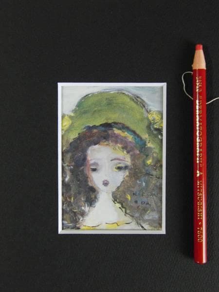 織田 廣喜、緑の帽子、希少画集より、版上サイン入、高級額装