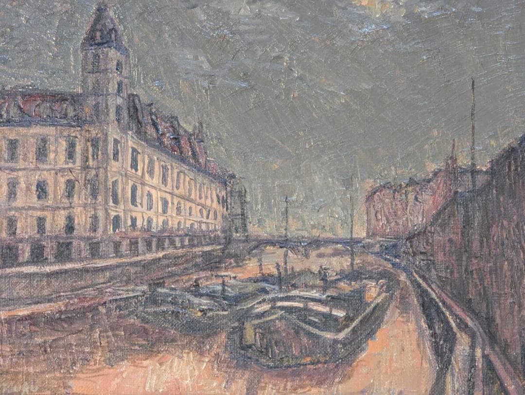 【真作】絵画　鶴山好一　油彩3号　静寂の運河街　都市風景　新制作協会作家　X10