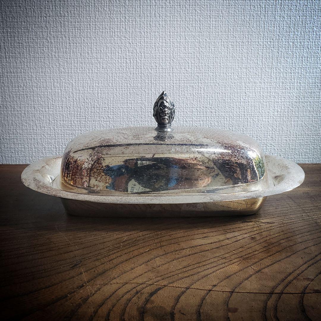バターケース シルバープレート ビンテージ アンティーク ガラス受け