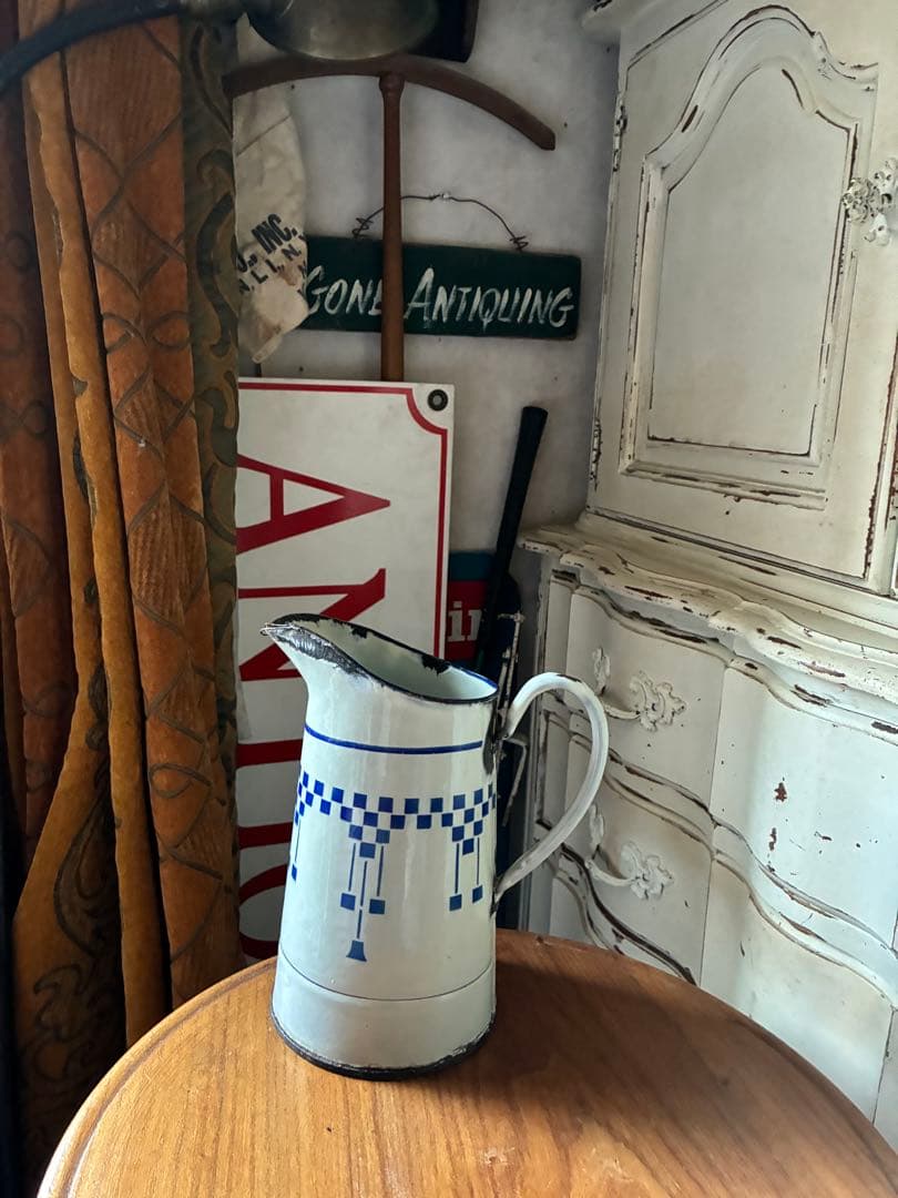 フランス　アンティーク　ホーロー　ジャグ　ピッチャー　水差し　市松　ダミエ
