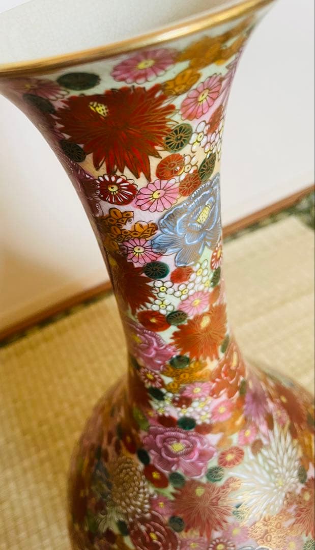 薩摩焼　飾り壺　花瓶　島津家紋入 丸十字　色絵　金彩　高さ46.5㎝ 大型　大壺