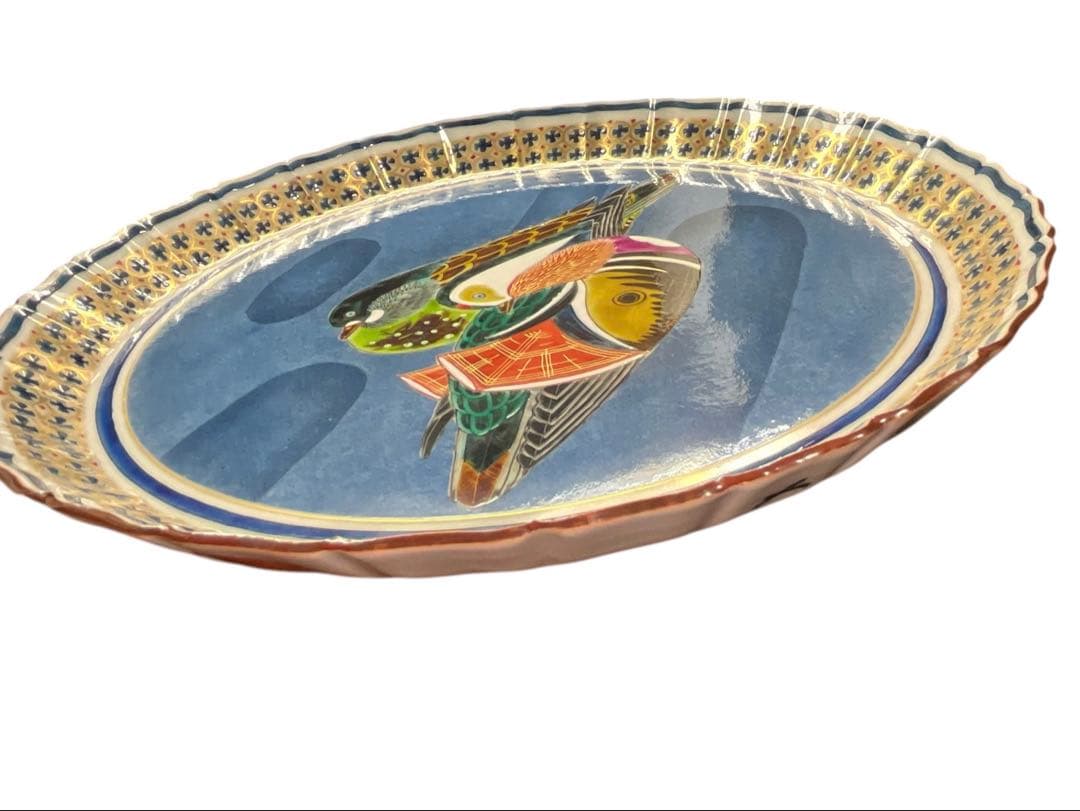 九谷焼 色絵大皿 オシドリ絵図　庄三洞四代目 武腰昭一郎作 共箱付