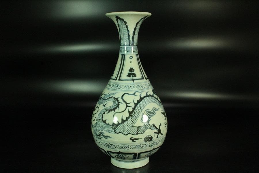 中国美術 青花霊芝雲龍紋 瓶(K-A860)