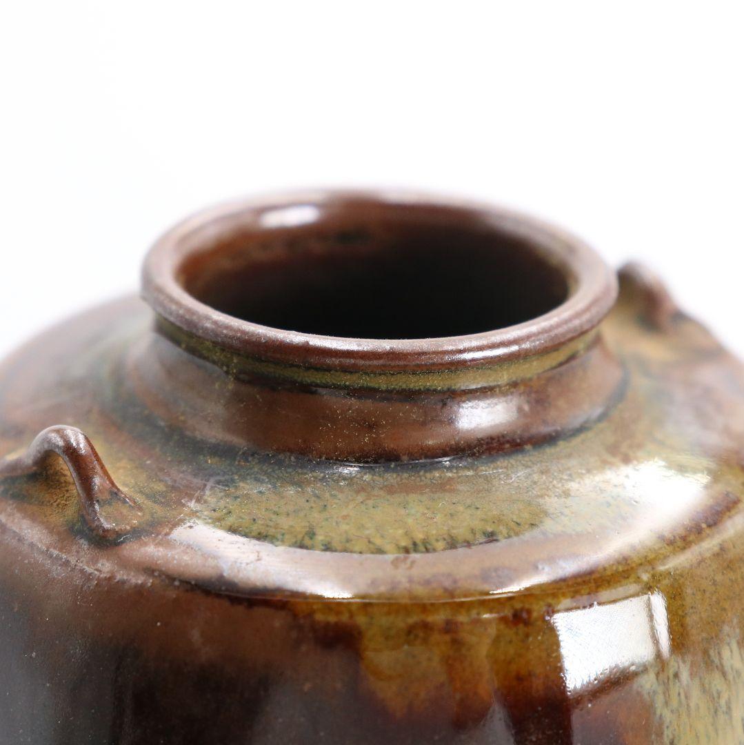 元永彰一作 高取焼 耳付茶入 細縞金春金襴仕覆付 濃茶器 茶道具　V981