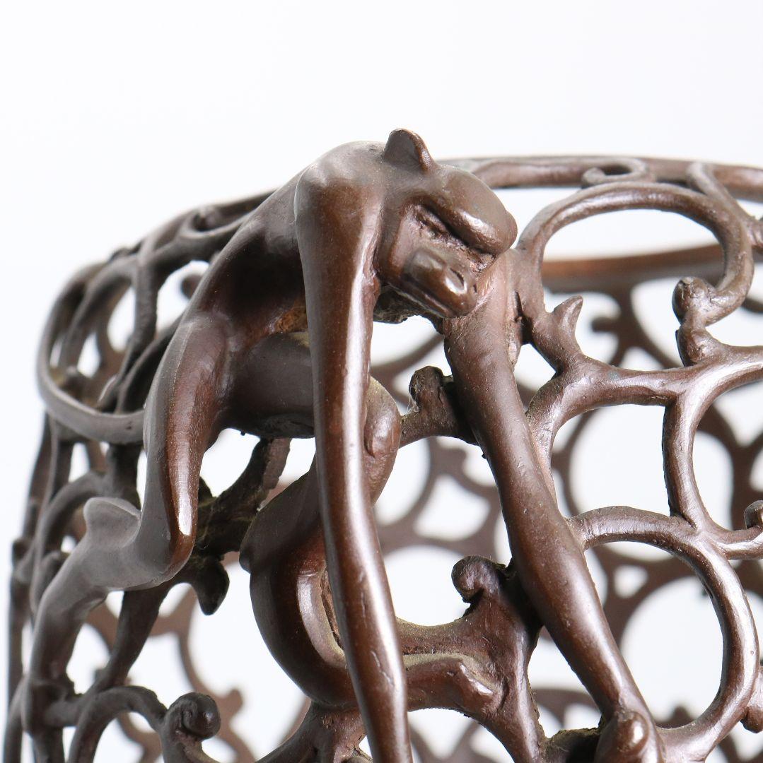 鋳師 金森浄栄作 鋳銅 蝋型 猿文 壷 花入 高岡銅器 共箱　AL826　Z1