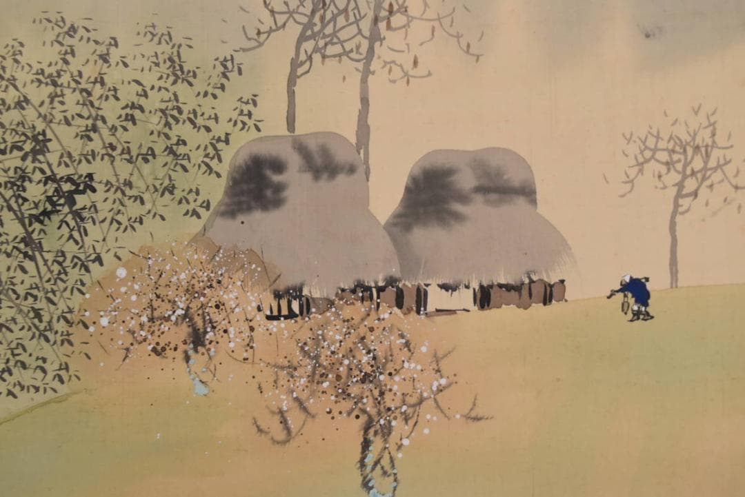 【真作】秋岳/早春田家図/農村風景図/掛軸/名家伝来/AA-933