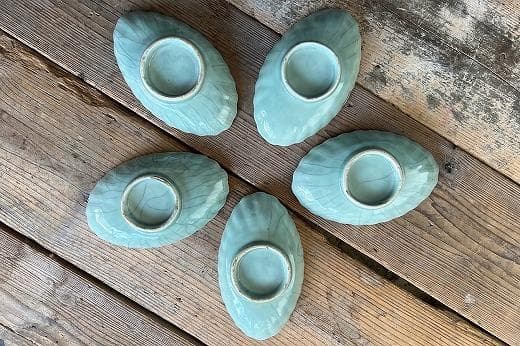 品番　t-0398 青磁葉型長皿　5枚set　古伊万里　アンティーク　古陶磁器