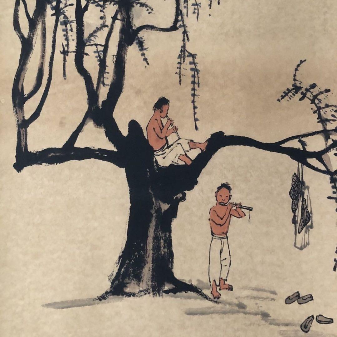 掛け軸 三尺中堂 李可染 春牧図 人物画 中国書画 水墨画 牧童 牛