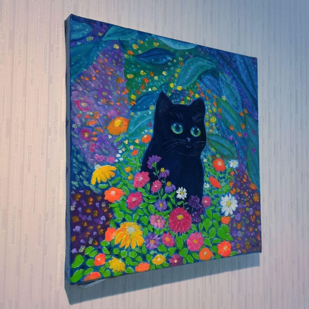 キャンバス油絵　専用   黒猫ガーデン　クリムト風フラワーガーデン