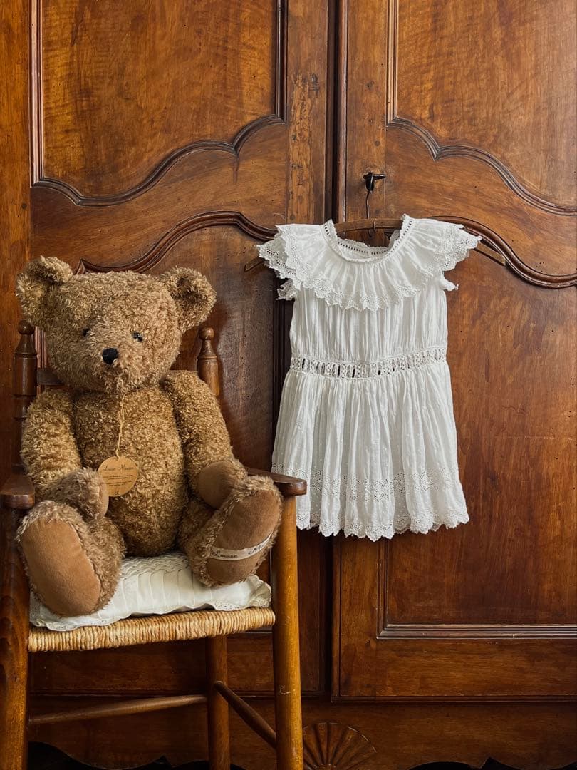 ◆フランスアンティーク｜子供用セレモニードレス洗礼式白レーステディベアドール
