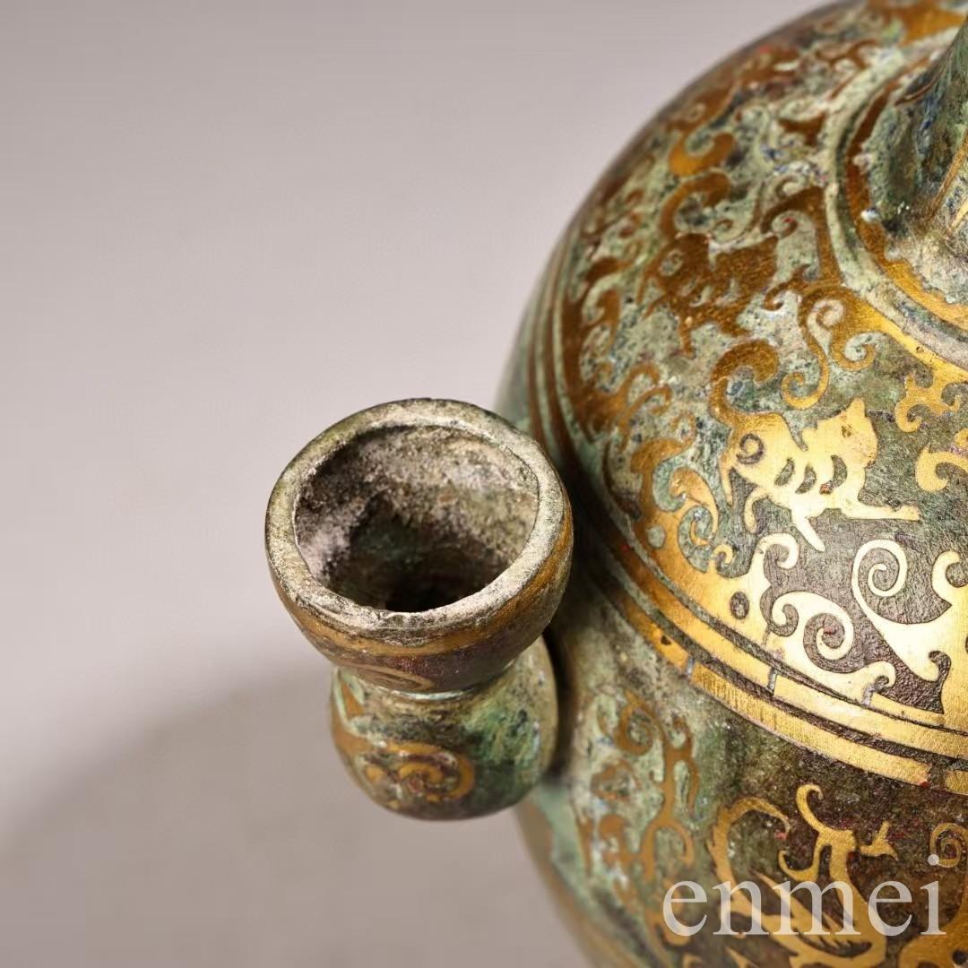 中国古美術・旧蔵搓金装飾と銘文入りの青銅製酒壺と油灯・青銅・純手作り・置物・酒壺