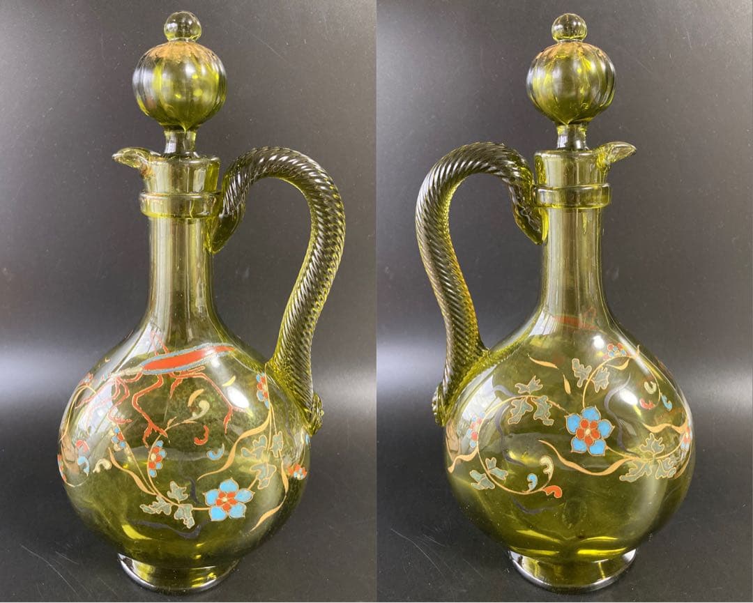 エミール・ガレ　蟷螂と草花絵図　エナメル彩水差し　カラフェ　デカンタ　デキャンタ