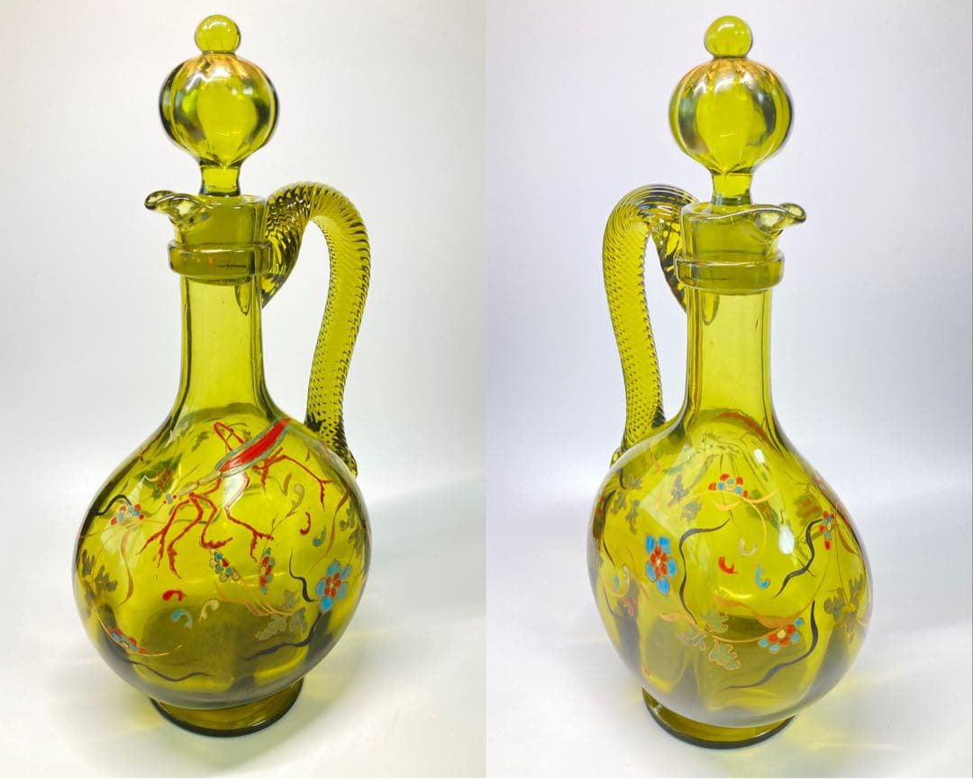 エミール・ガレ　蟷螂と草花絵図　エナメル彩水差し　カラフェ　デカンタ　デキャンタ