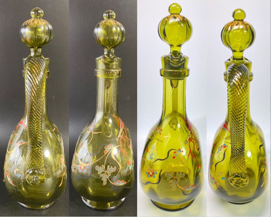 エミール・ガレ　蟷螂と草花絵図　エナメル彩水差し　カラフェ　デカンタ　デキャンタ