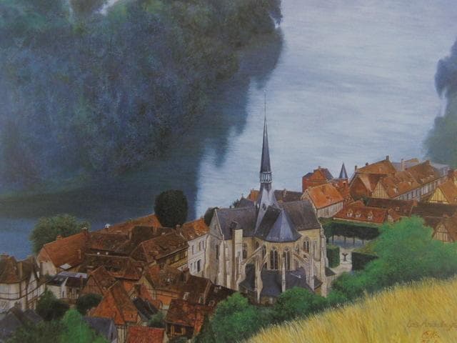 音丸哲延、【セーヌは流れる】、希少な額装用画集画、新品高級額 額装付