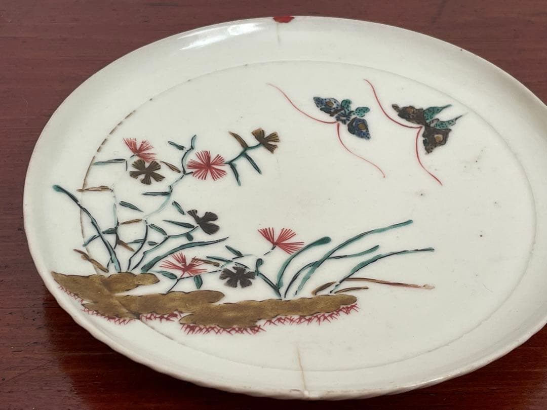 #3 骨董　アンティーク　色絵古九谷　撫子　蝶々図　丸皿　五寸皿　角福　古九谷